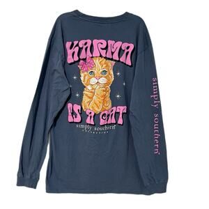 Simply Southern Karma Is A Cat Graphic Long Sleeve T-Shirt Women's L Dusty Blue